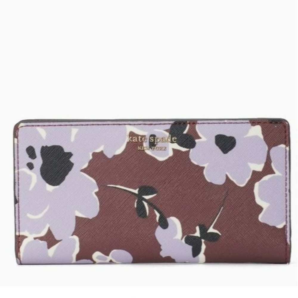 Kate Spade Cameron Floral Bouquet Bifold Wallet Clutch Brown Purple NWT